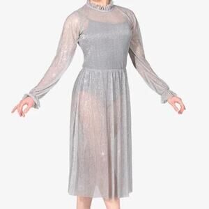 Double Platinum Silver Glitter sheer Mesh Long Sleeve Lyrical Dance Dress NWT